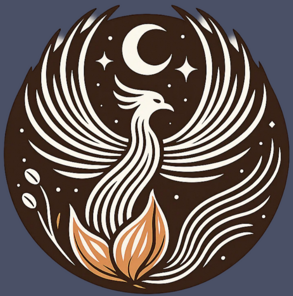 phoenix logo with wings spread, moon, stars, and leaves on a dark blue background